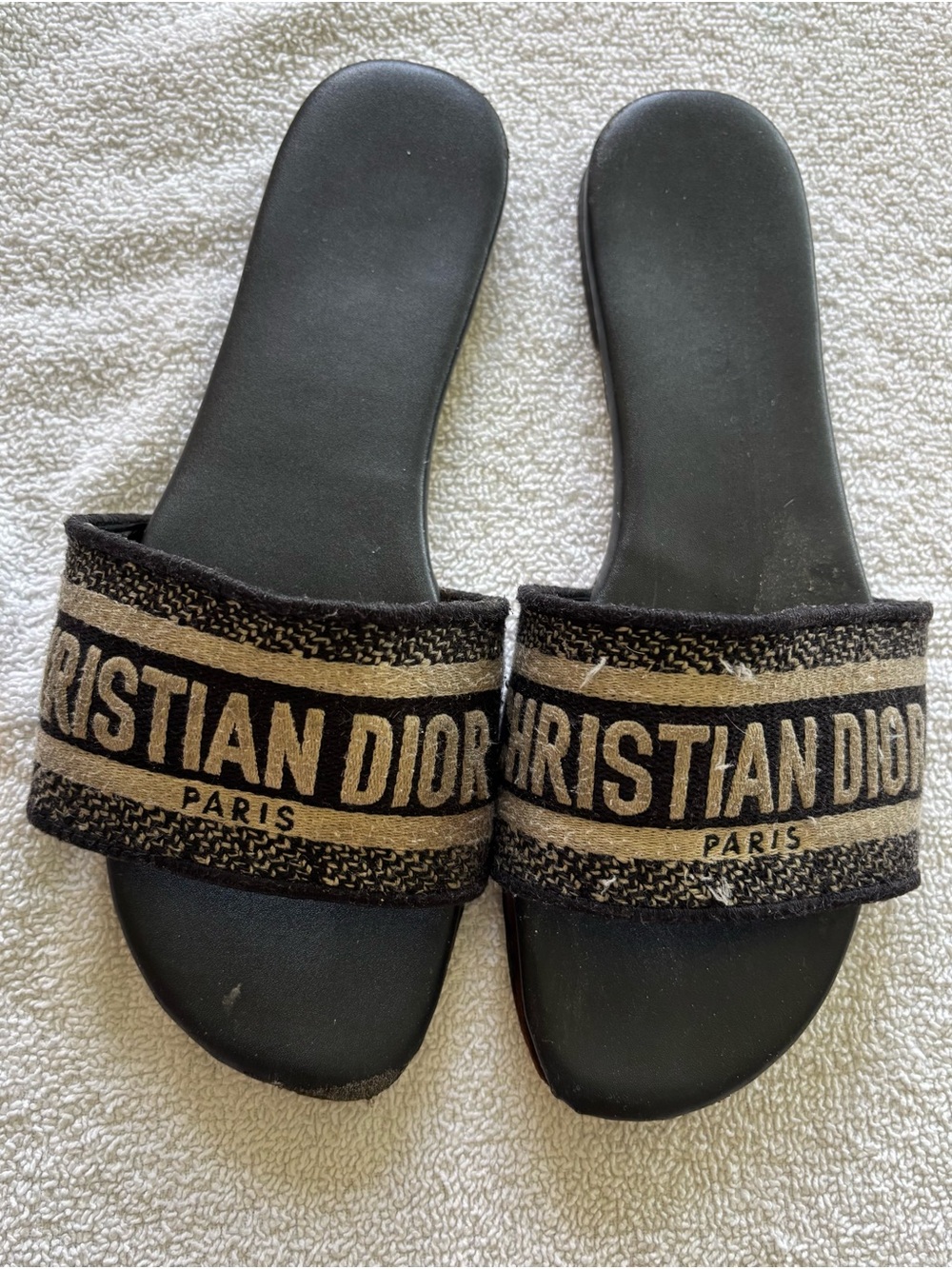 Dior Deep Blue and Beige Embroidered Slide Sandals - Picture 2 of 6